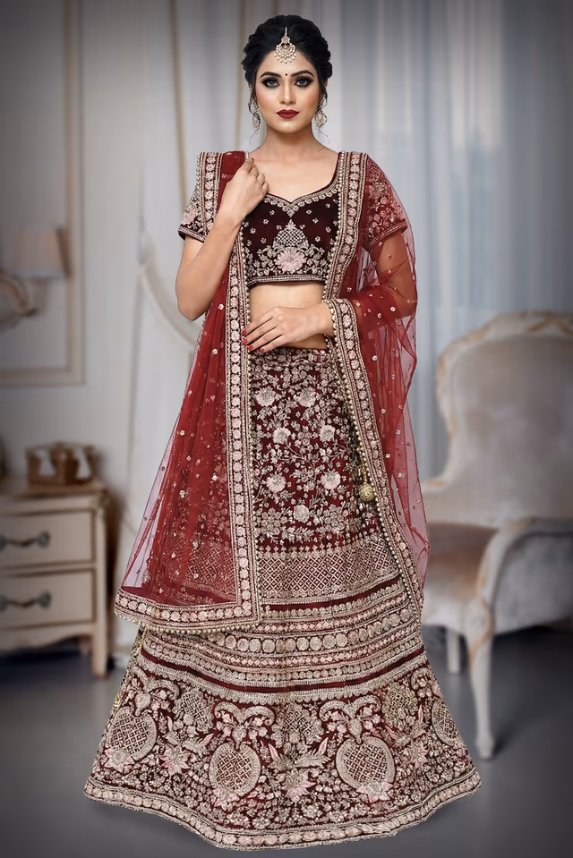 Wine with heavy Zari work lehenga — back view, rent in Bangalore