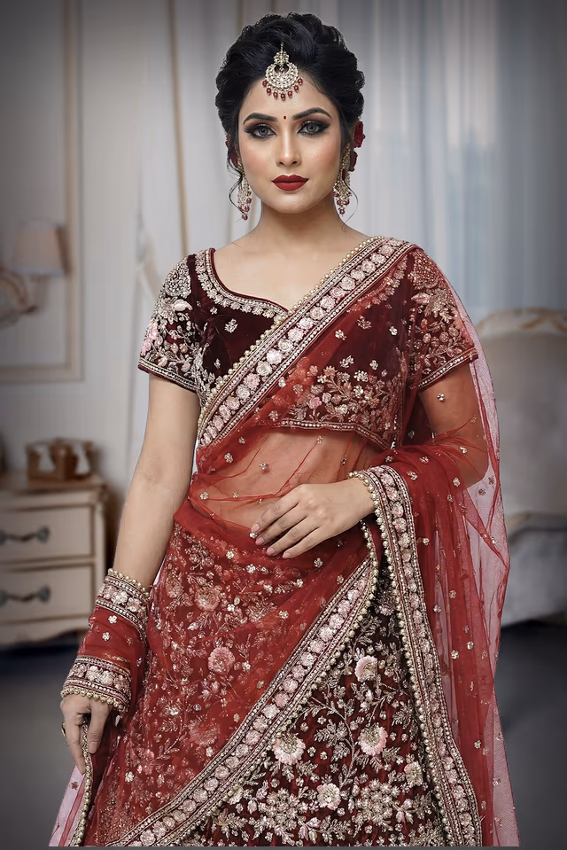 Wine with heavy Zari work lehenga — rent in Bangalore