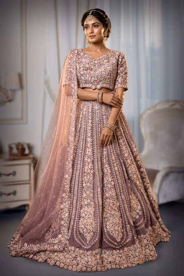 Wisteria Bridal Lehenga with Contrasting Sequins, Kali Pattern and Cutwork Dupatta — back view, rent in Bangalore