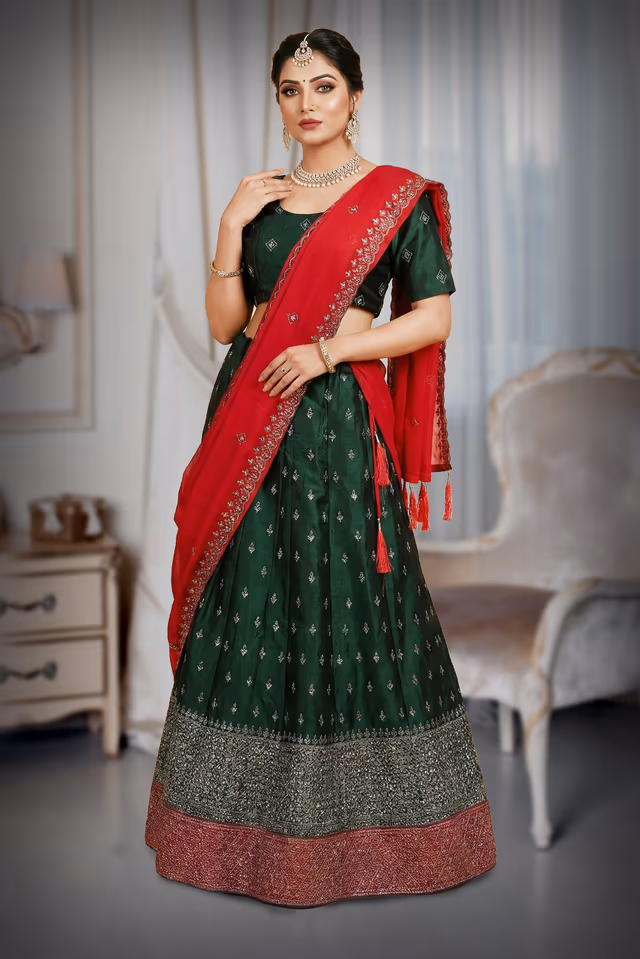Women’s Emerald Green Woven Lehenga Choli with Red Embroidered Dupatta — back view, rent in Bangalore