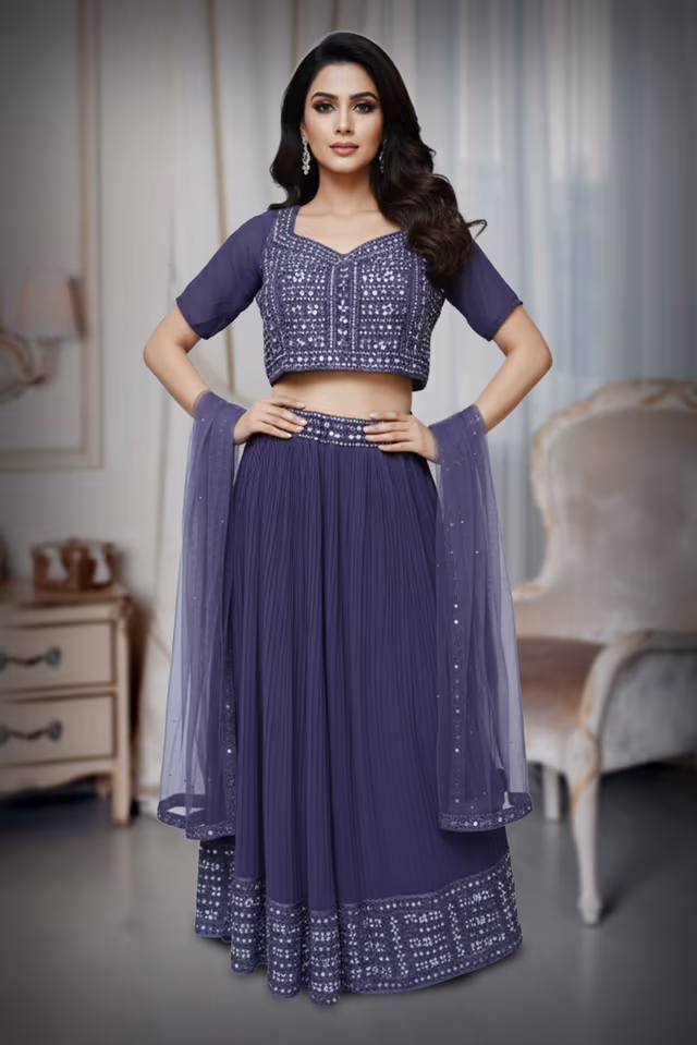 Women’s Lavender Purple Sequined Lehenga Saree with Embroidered Blouse — back view, rent in Bangalore