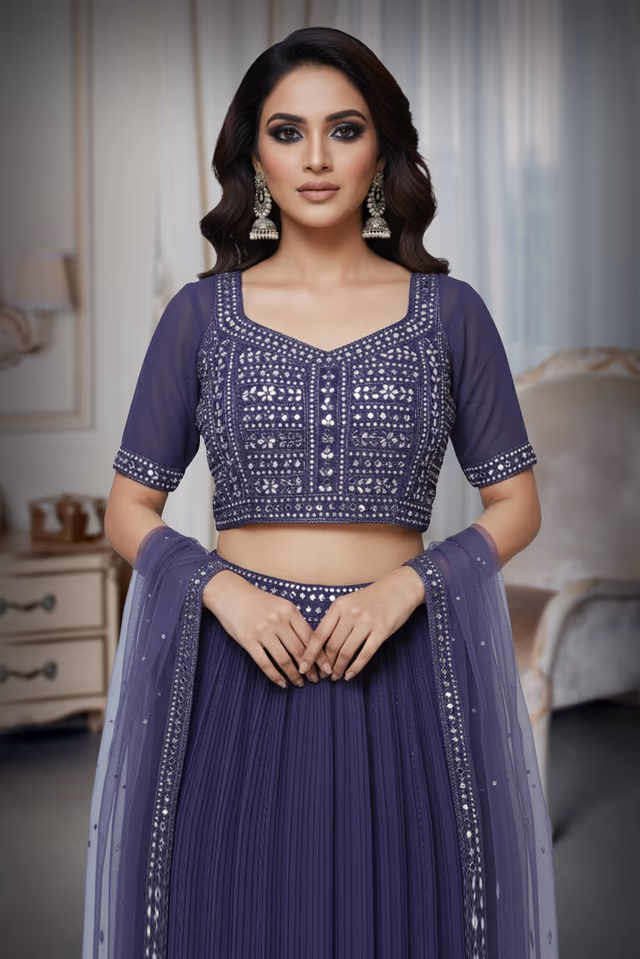 Women’s Lavender Purple Sequined Lehenga Saree with Embroidered Blouse — rent in Bangalore