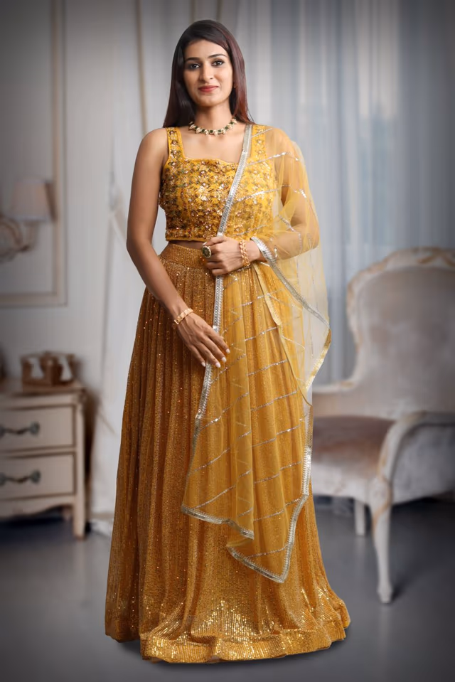 Yellow Colour Sleeveless Lehenga With Detailed Sequin Work , Jarkan Work And Embroidery And… — back view, rent in Bangalore