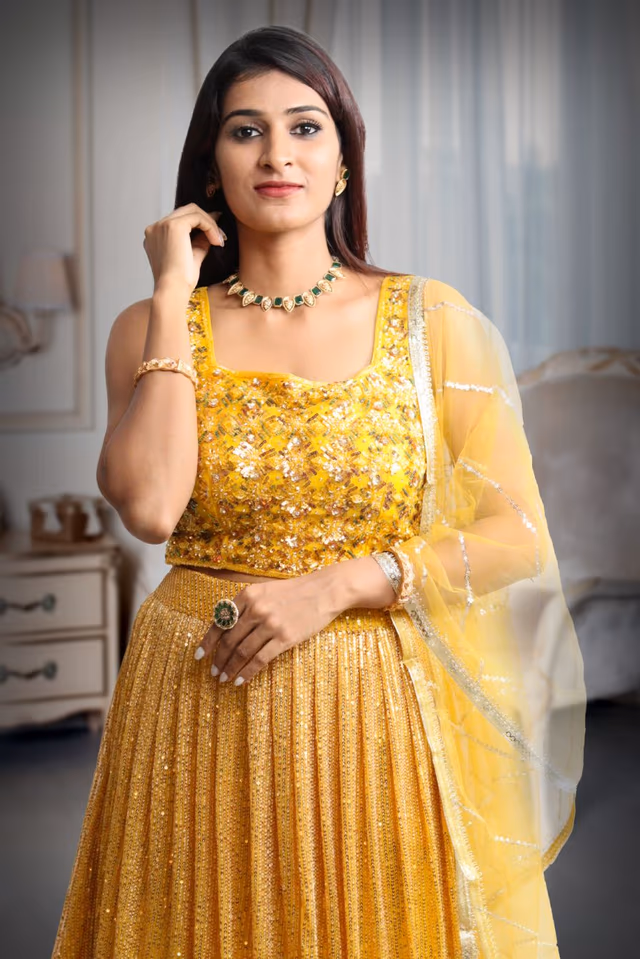Yellow Colour Sleeveless Lehenga With Detailed Sequin Work , Jarkan Work And Embroidery And Same Colour… — rent in Bangalore