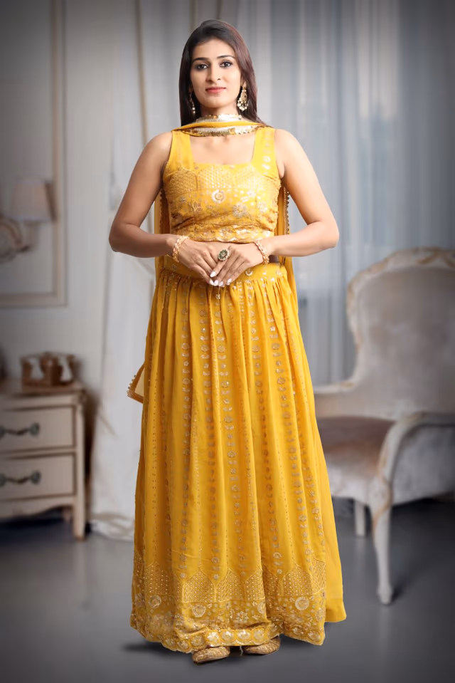 Yellow Colour Sleeveless Lehenga With Detailed Sequin Work Jarkan Work And Embroidery Yellow… — back view, rent in Bangalore