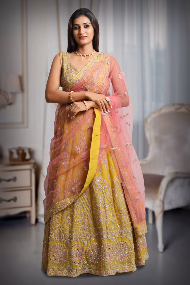 Yellow Colour Sleeveless Lehenga With Detailed Sequin Work , Jarkan Work And Embroidery And… — back view, rent in Bangalore