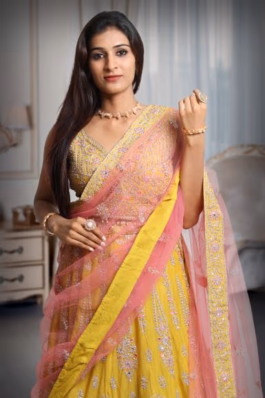 Yellow Colour Sleeveless Lehenga With Detailed Sequin Work , Jarkan Work And Embroidery And Contrast… — rent in Bangalore
