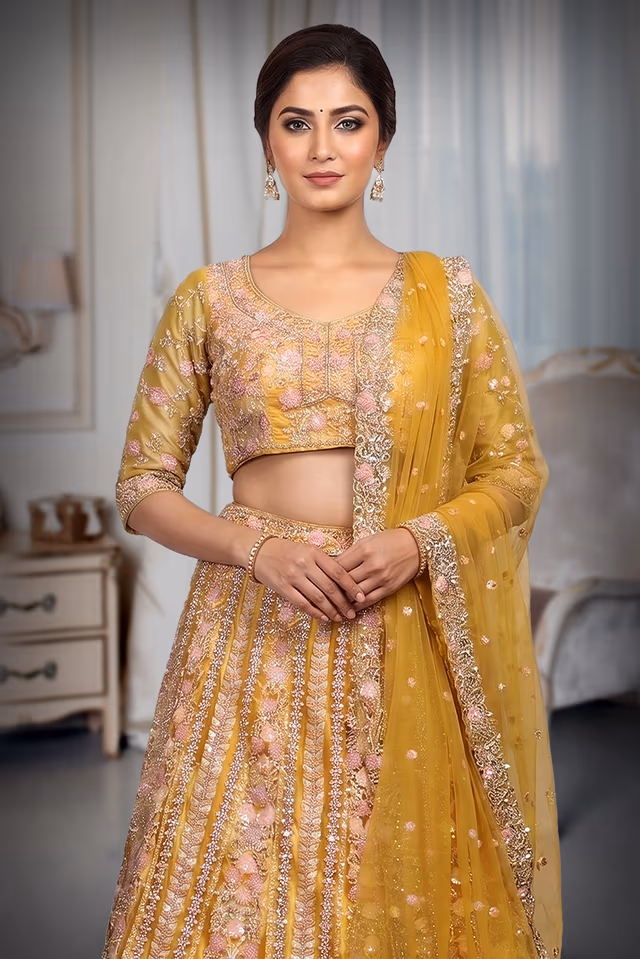 Yellow Colour Heavy Threadwork Detailing In Floral Motif  Along With Detailed Dupatta And Blouse — rent in Calicut