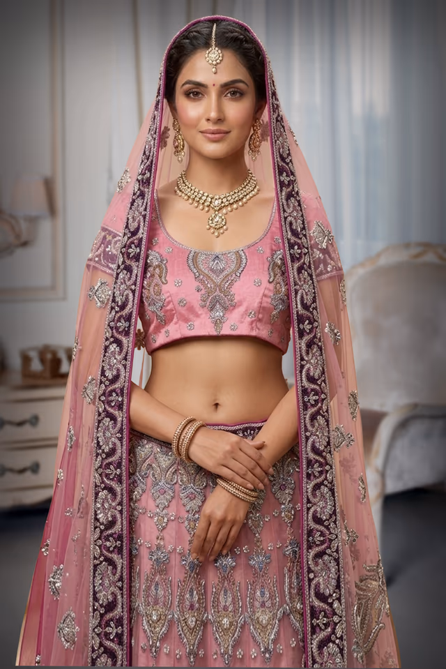 Heavy Zardosi and hand worked Pink with Purple Lehenga Along with a Heavy Hand worked Dhuppatta — rent in Coimbatore