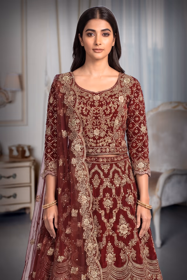Heavy Zardosi Handworked Velvet Tailed Anarkali Lehenga With Same Colour Dupatta — rent in Coimbatore