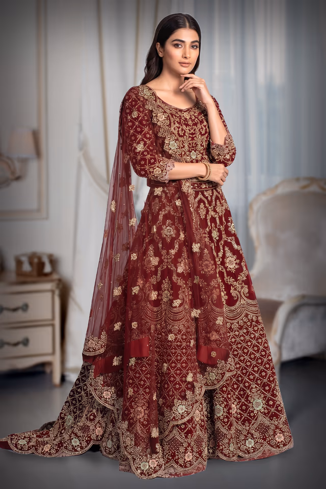Heavy Zardosi Handworked Velvet Tailed Anarkali Lehenga With Same Colour Dupatta — back view, rent in Coimbatore
