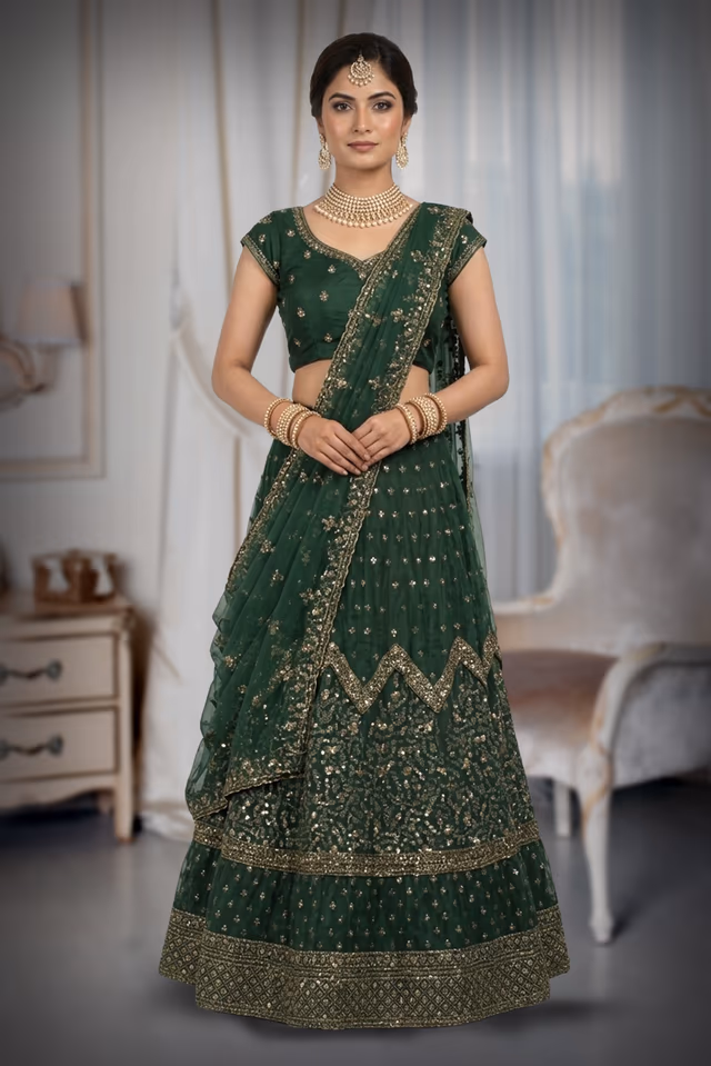 Zarreen Emerald Green Embroidered Lehenga Set With Net Duppatta — back view, rent in Bangalore