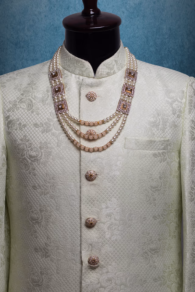 Ivory White Pearl Three Layered Mothi Mala With Heavy Detailed Block Lockets On Both Sides  And Bigger… — rent in Bangalore