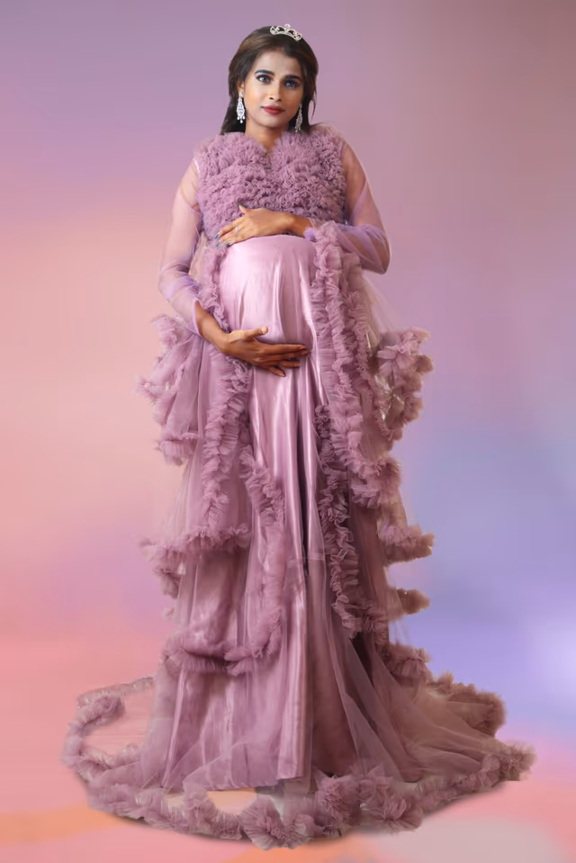 Lavender ruffled tulle  gown — back view, rent in Calicut