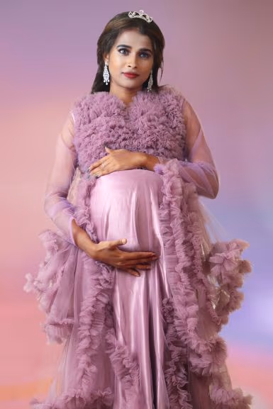 Lavender ruffled tulle  gown — rent in Calicut