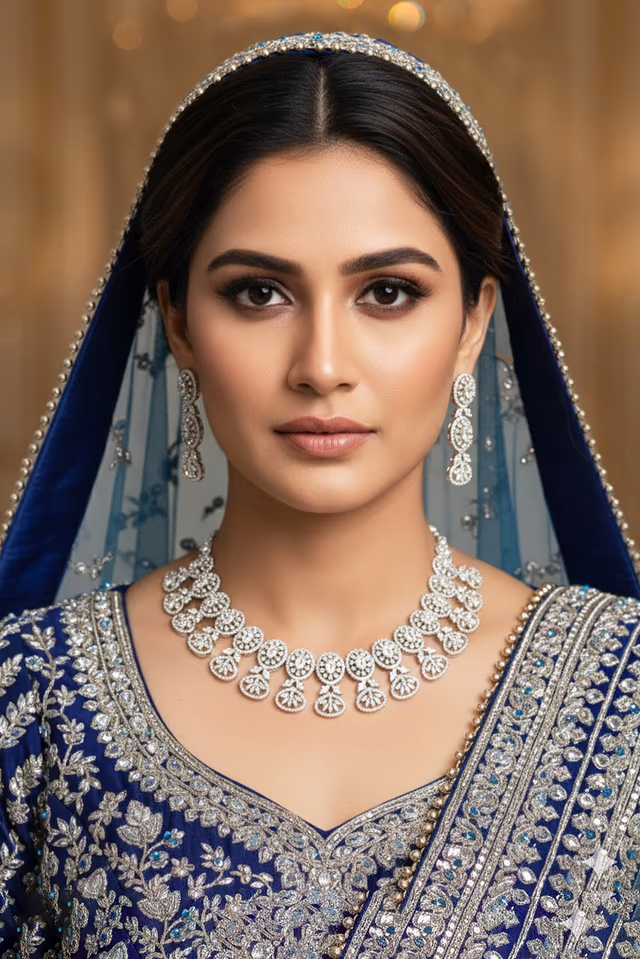 Stunning Diamond Necklace Adds Glamorous Radiance And Soft Silver Detailing To Enhance Bridal Styling — rent in Calicut