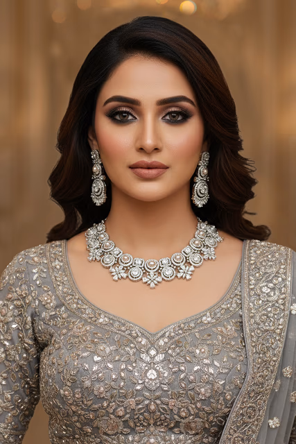 Luxurious Fashion Necklace Set Perfect For Weddings Featuring A High Shine Silver Finish Aesthetic — rent in Bangalore