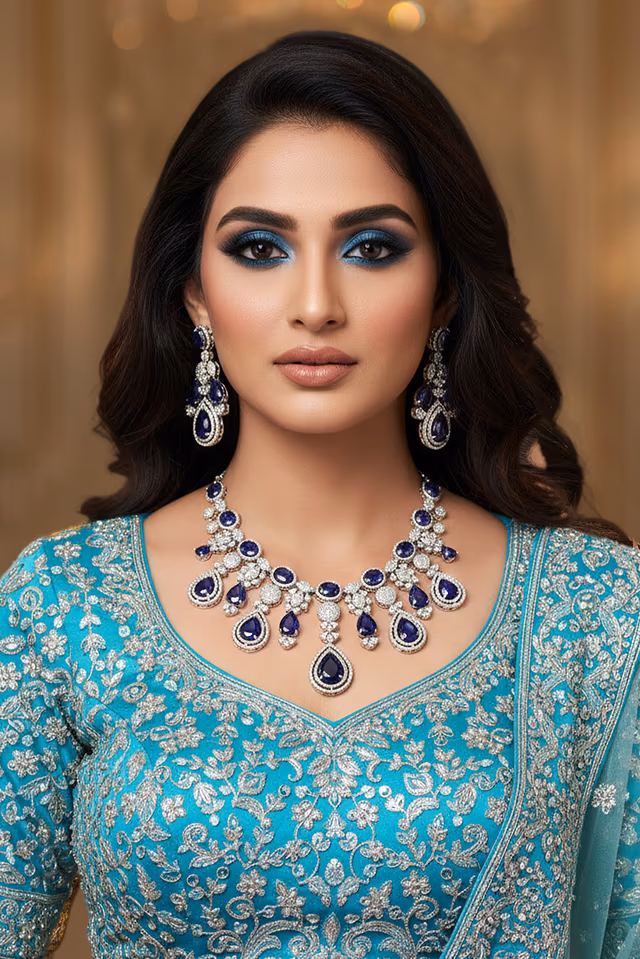 Stunning silver-toned necklace and earring set adorned with deep sapphire blue teardrop gems and… — rent in Calicut