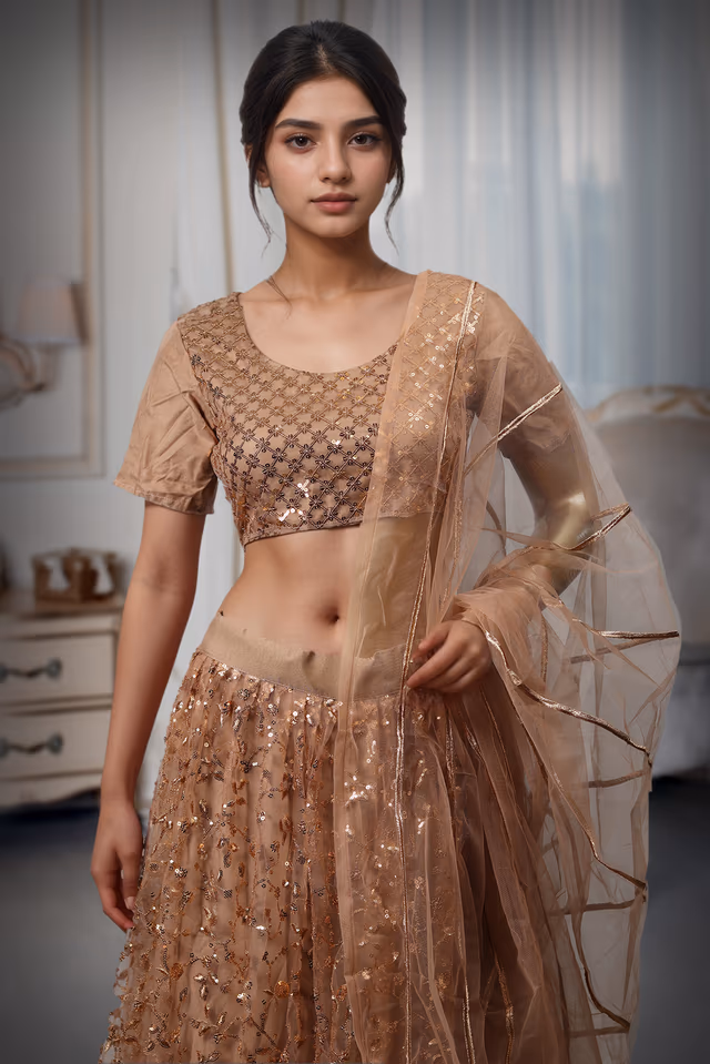 Almond Beige Colour Minimal Lehenga With Heavy Sequin Work Embellishment And Same colour Dupatta — rent in Coimbatore