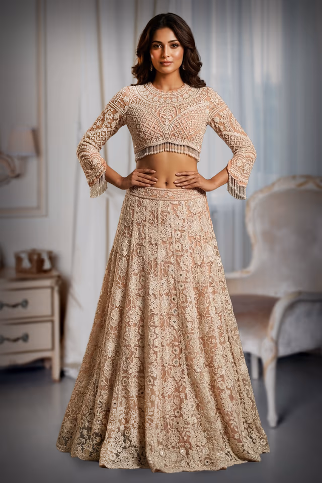 Elegant Appliqué Work Lehenga with Contrasting Pearl Embellished Designer Cut Blouse — back view, rent in Bangalore