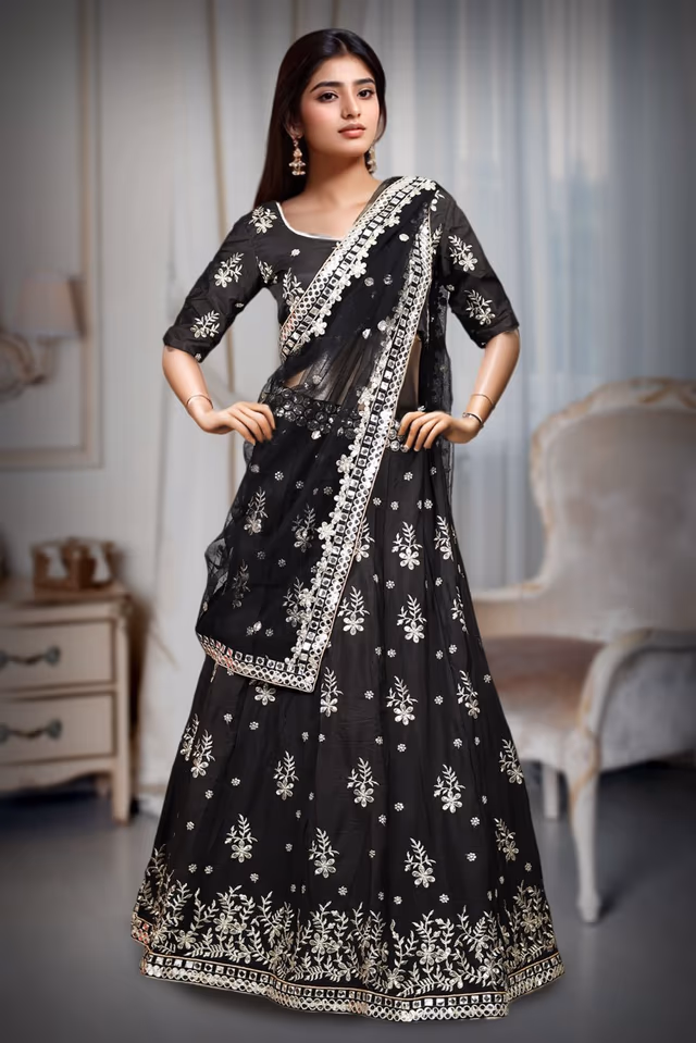 Black Colour French Silk Lehenga With Heavy Golden Zari Work Detailing — rent in Coimbatore