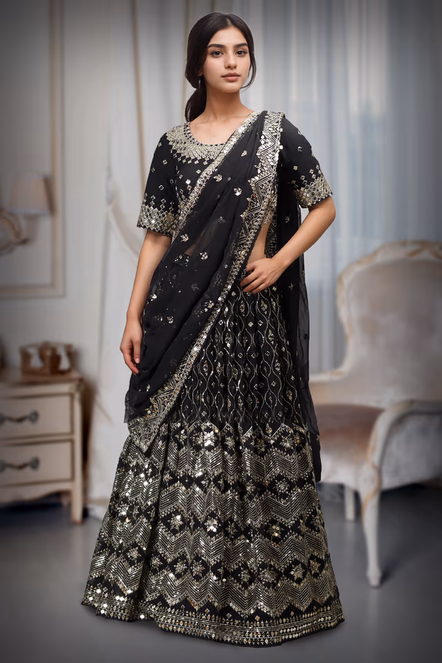 Black Crepe Lehenga With Golden Embellishments And Sequin Work With Heavy Embellished Blouse And Same… — rent in Coimbatore