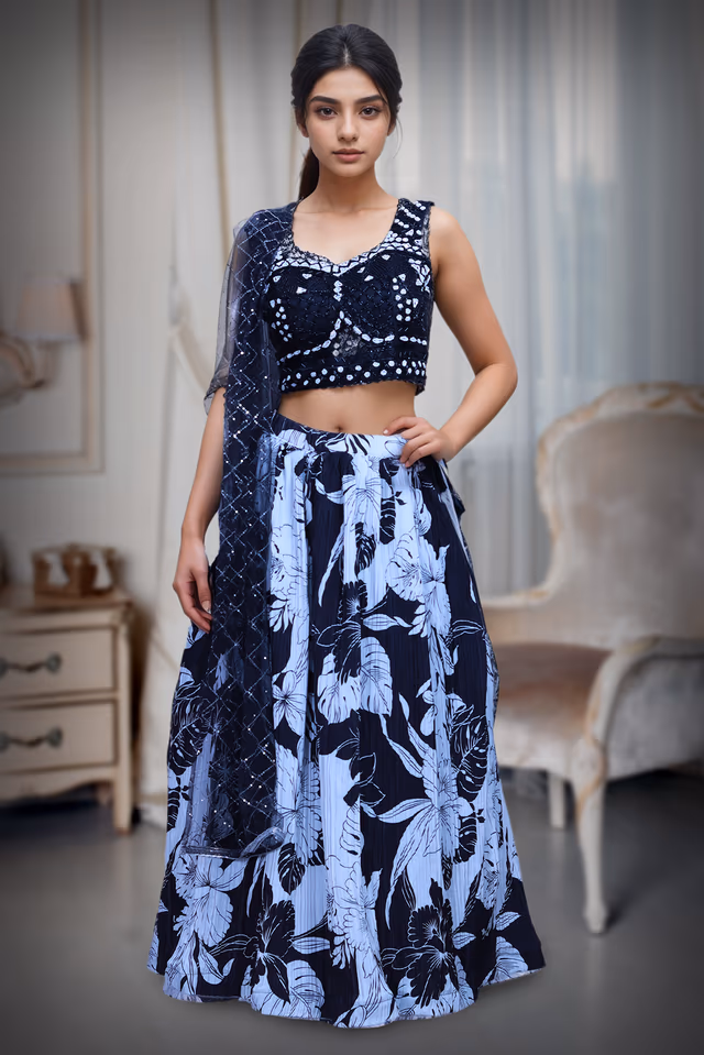 Black Elegant Crop Top Lehenga With Floral Skirt, Heavy Detailed Blouse And Same Color Dupatta — back view, rent in Bangalore