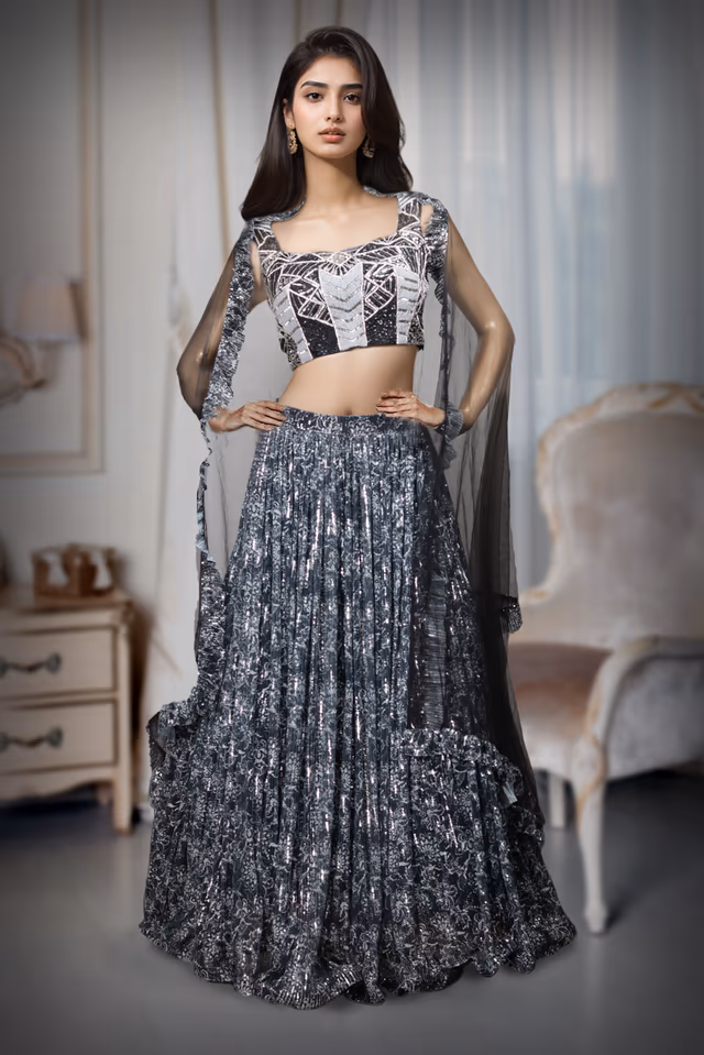 Black And Silver Heavy Worked Pre Wedding Lehenga — back view, rent in Coimbatore