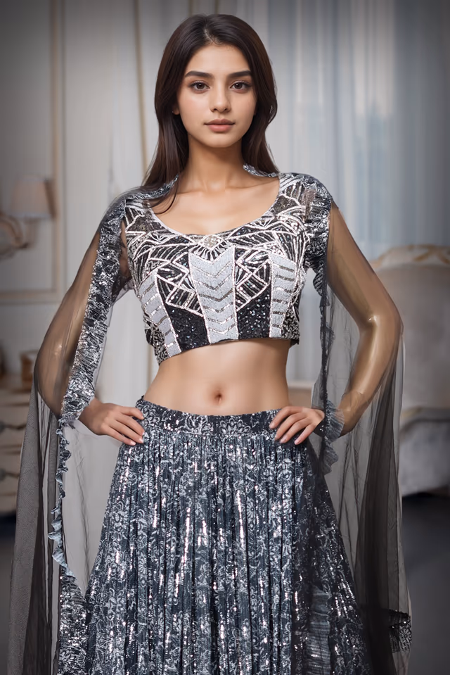 Black And Silver Heavy Worked Pre Wedding Lehenga — rent in Coimbatore