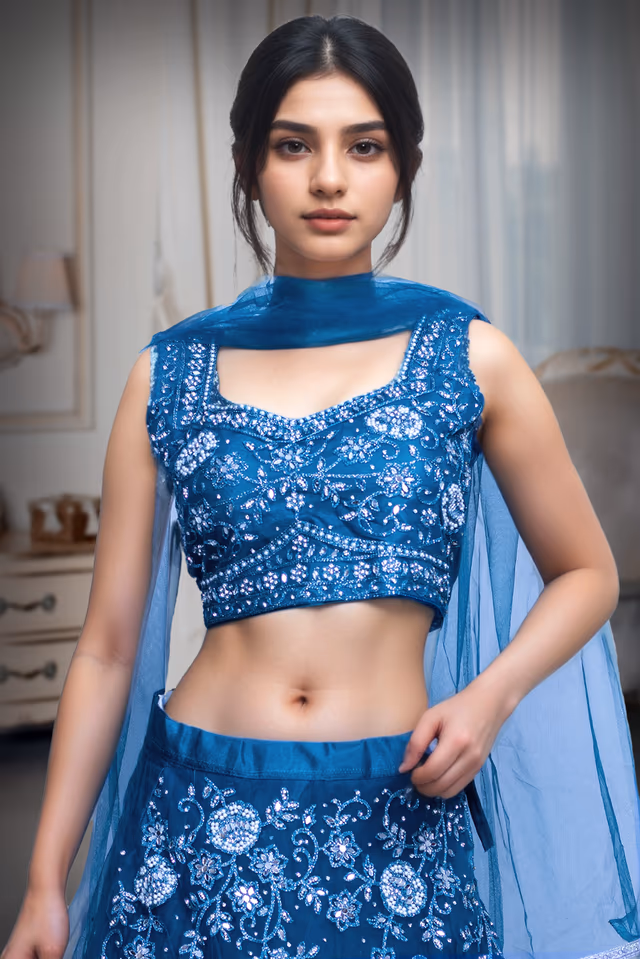 Cobalt Blue Pre Wedding Lehenga With Rich Embroidery Details In Crop Top And Skirt Along With A Simple… — rent in Coimbatore