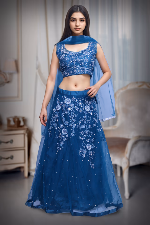 Cobalt Blue Pre Wedding Lehenga With Rich Embroidery Details In Crop Top And Skirt Along… — back view, rent in Coimbatore