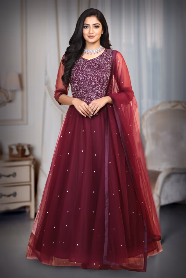 Dark Wine Pre Wedding Gown With Thread And Sequins Embroidery All Over The Gown — rent in Calicut