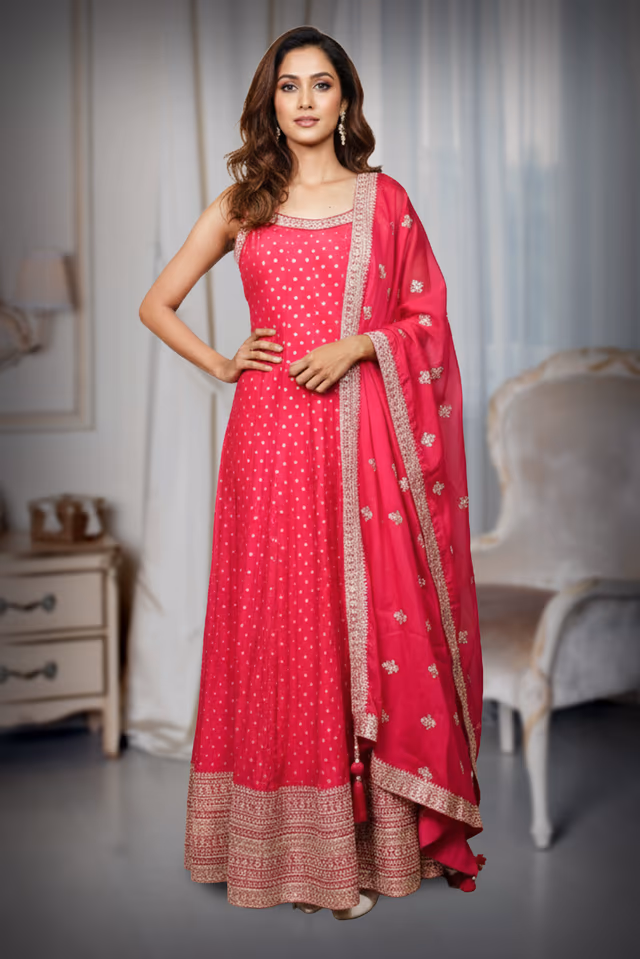 Deep Maroon/Burgundy Heavy Embroidered Anarkali Gown with Dupatta — rent in Kochi