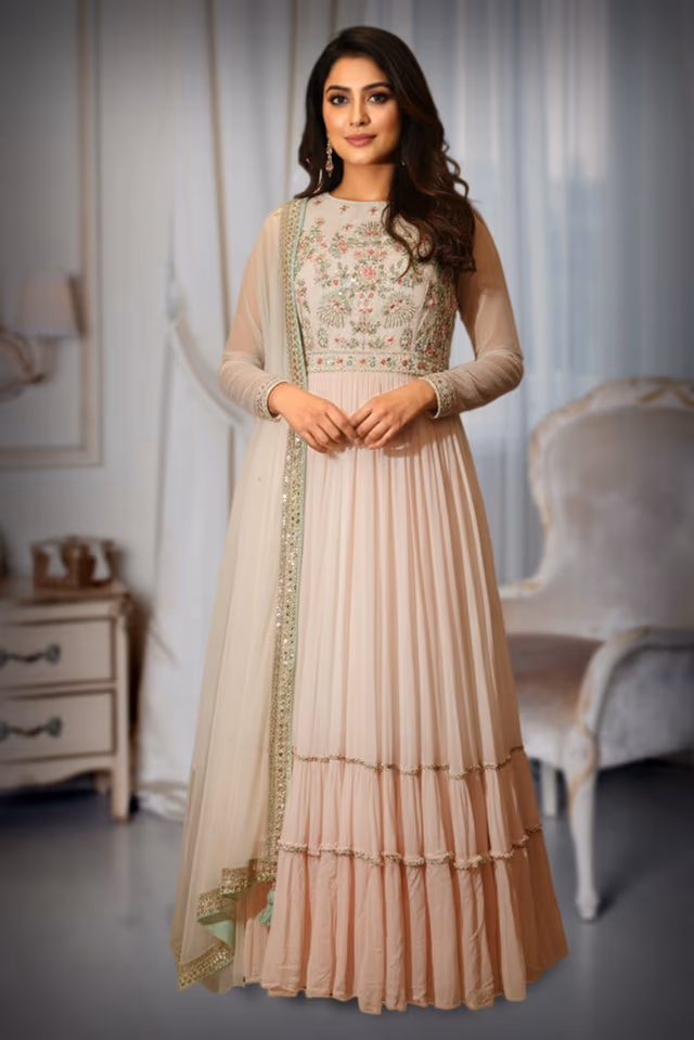 Designer Pastel Dual-Tone Anarkali with Dupatta — back view, rent in Kochi