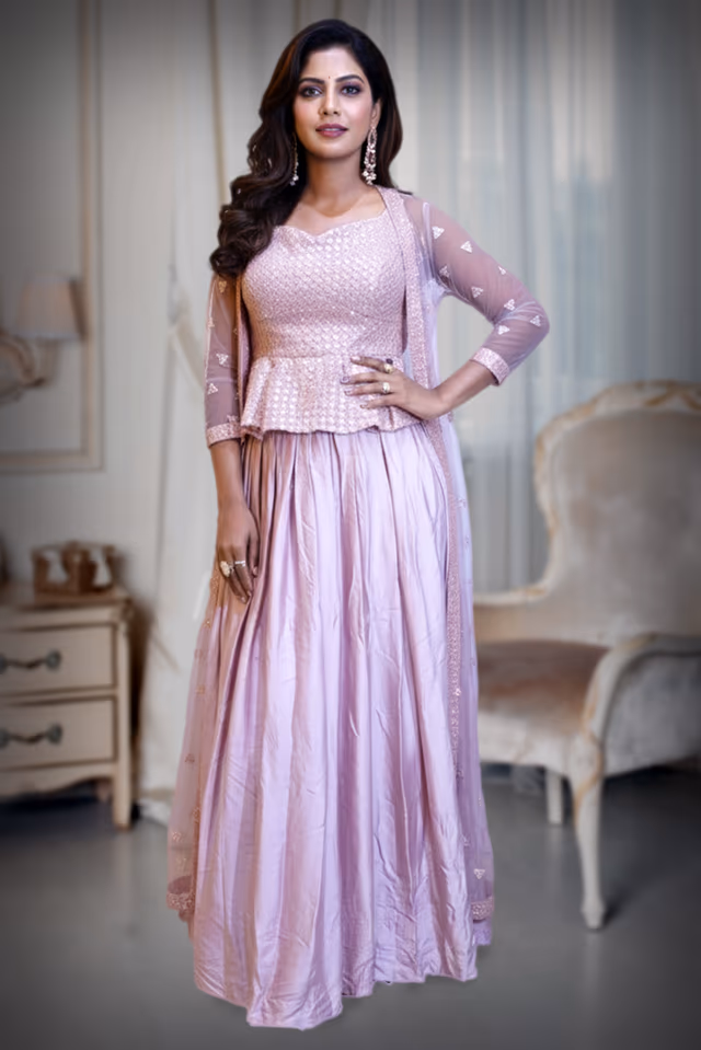 Dusty Pink Lehenga Set with Gold Sequin Work and Ruffled Blouse — rent in Kochi