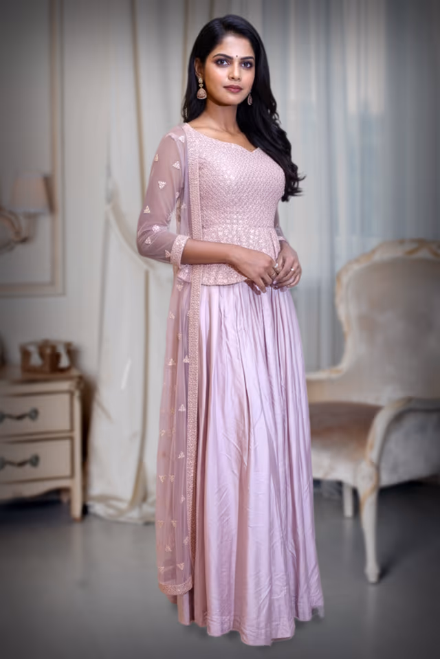 Dusty Pink Lehenga Set with Gold Sequin Work and Ruffled Blouse — back view, rent in Kochi