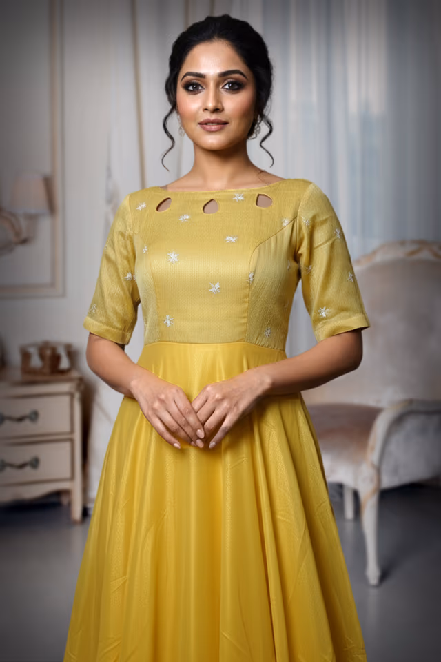 Elegant Embroidered Sunshine Yellow Anarkali Gown — rent in Kochi