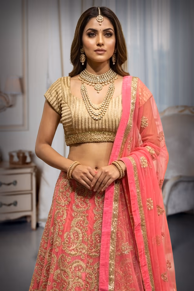 Fuschia Pink Lehenga with Golden Jaquard top and netted Dhupatta — rent in Coimbatore