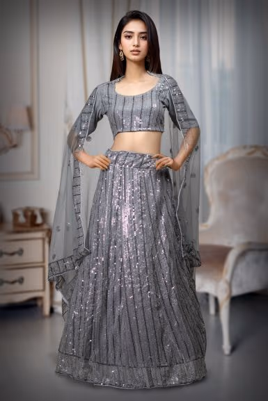 Grey Georgette Lehenga With FullySequin Embellished  Skirt — rent in Coimbatore