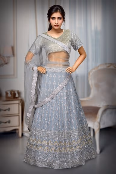 Grey Georgette Lehenga With FullySequin Embellished  Skirt With Matching Blouse And Dupatta — rent in Coimbatore
