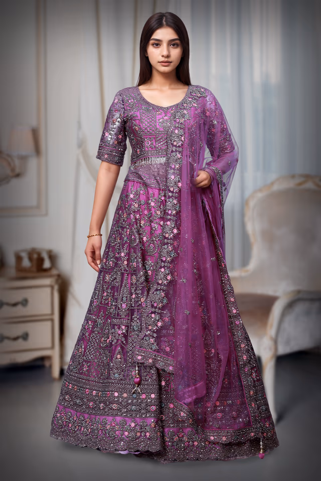 Hot Pink Bridal Lehenga With Detailed Embroidery, Crop Top Along With Same Color Dupatta — back view, rent in Calicut