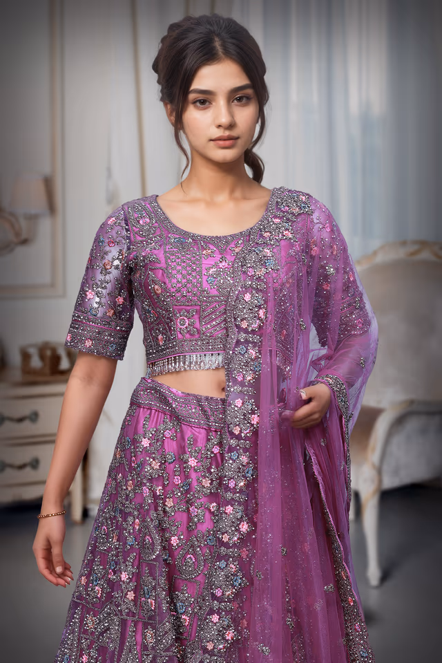 Hot Pink Bridal Lehenga With Detailed Embroidery, Crop Top Along With Same Color Dupatta — rent in Calicut