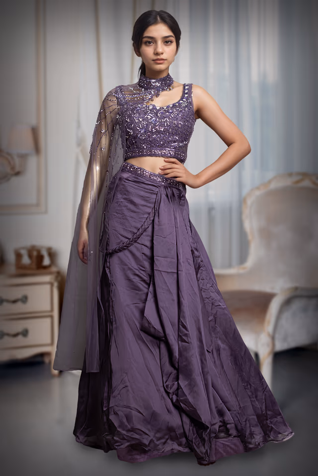 Iris Purple Indowestern Draped Skirt With Crop Top And Single Side Cape — back view, rent in Coimbatore