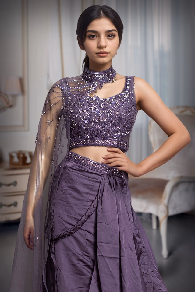 Iris Purple Indowestern Draped Skirt With Crop Top And Single Side Cape — rent in Coimbatore