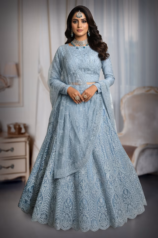 Elegant Grey Lehenga Showcasing Delicate Leafy Embroidery And Silver Work Ideal For Festive… — back view, rent in Calicut