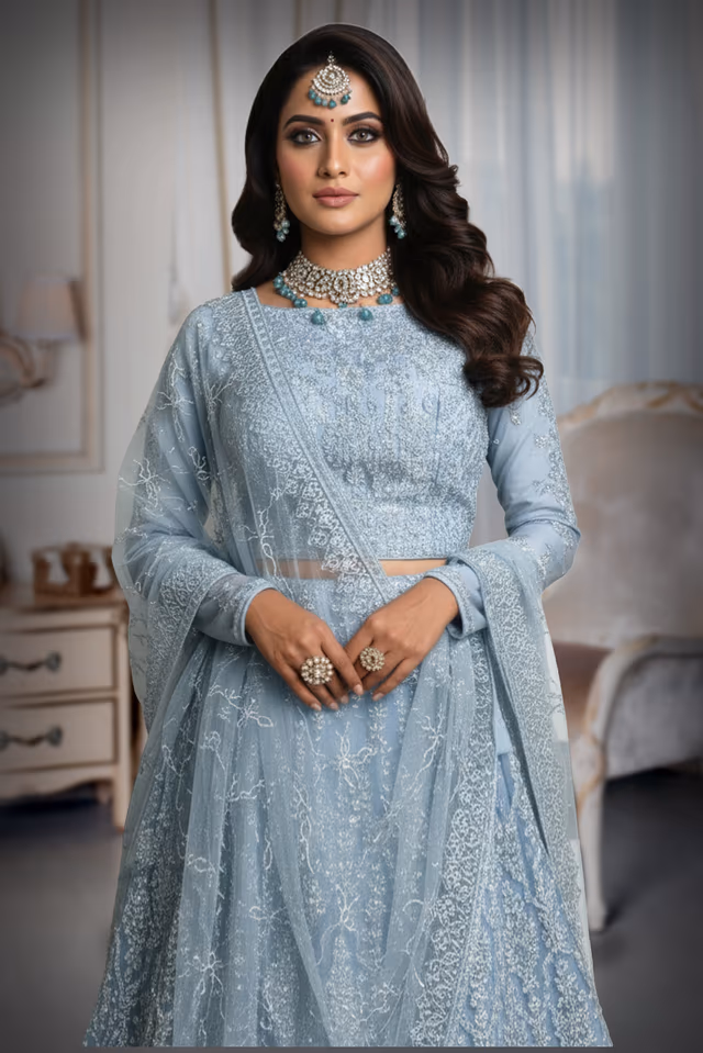 Elegant Grey Lehenga Showcasing Delicate Leafy Embroidery And Silver Work Ideal For Festive Occasions And… — rent in Calicut