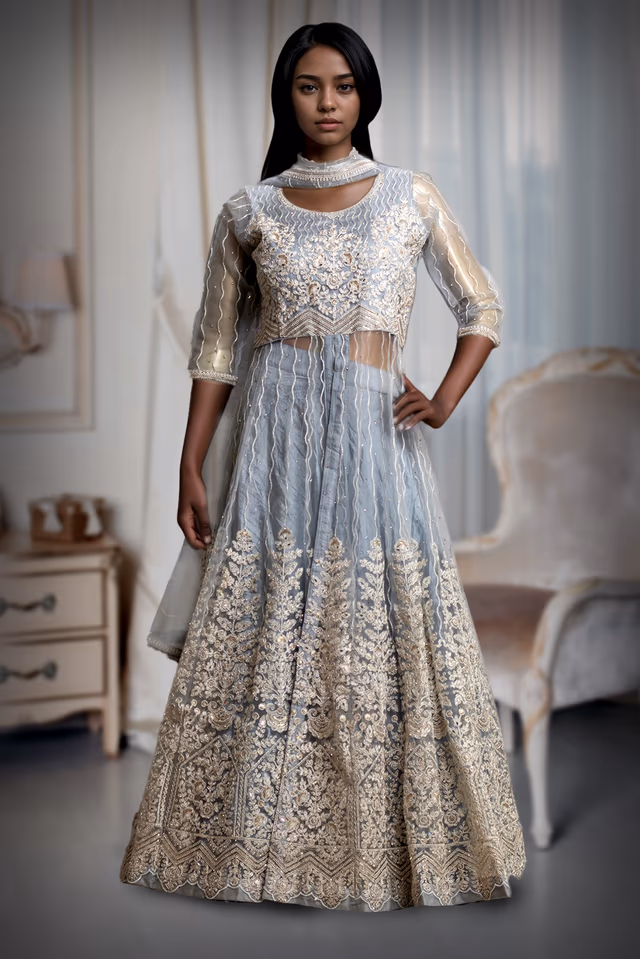 Light Grey Anarkali Lehenga With Exquisite Threadwork details — back view, rent in Coimbatore