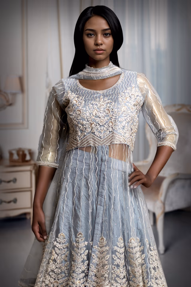 Light Grey Anarkali Lehenga With Exquisite Threadwork details — rent in Coimbatore
