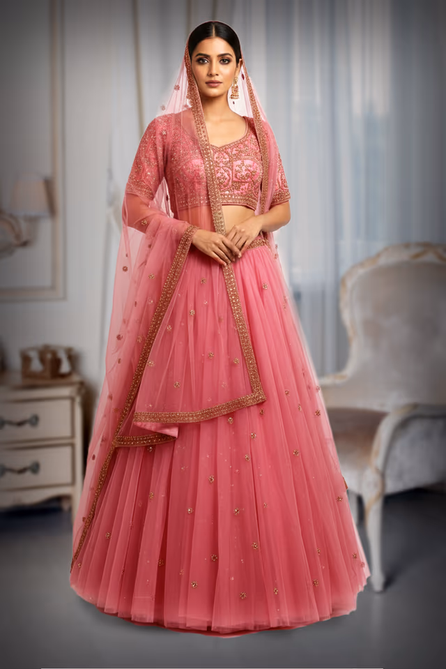Stunning Light Pink Tulle Lehenga Skirt And Embroidered Blouse With Matching Sheer Dupatta… — back view, rent in Calicut