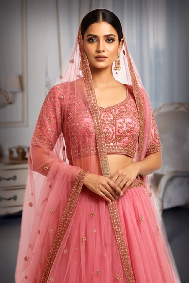 Stunning Light Pink Tulle Lehenga Skirt And Embroidered Blouse With Matching Sheer Dupatta Perfect For… — rent in Calicut